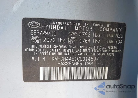 2012 Hyundai Elantra Gls (Ulsan Plant) z USA, uszkodzony, nr VIN KMHDH4AE1CU314597